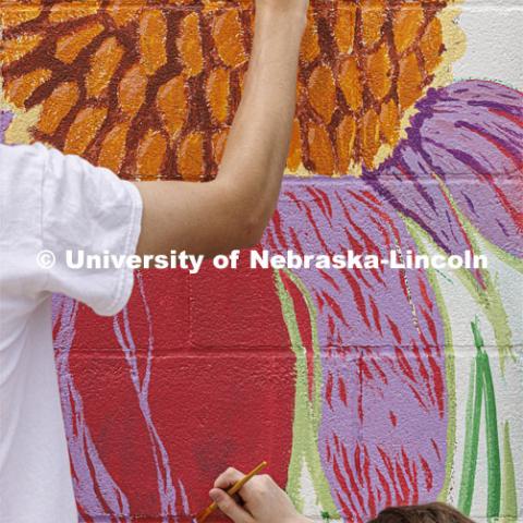 Students paint a coneflower on the mural. ARTS 398 - Special Topics in Studio Art III taught by Sandra Williams. The class painted a mural at the Premier Buick, Chevrolet, and GMC dealership in Beatrice. June 3, 2024. Photo by Craig Chandler / University Communication and Marketing.
