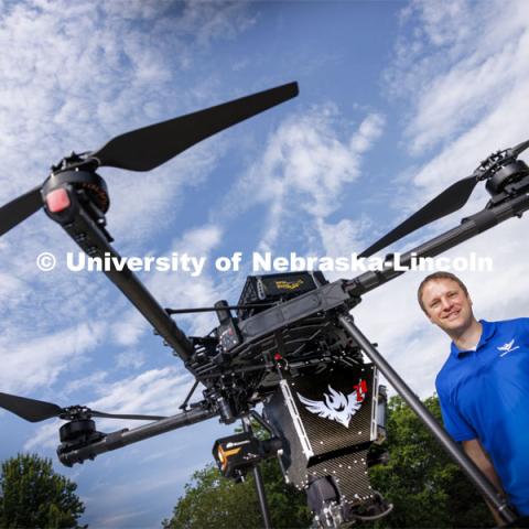 Carrick Detweiler, Susan J. Rosowski Professor in the Department of Computer Science and Engineering and co-director of the NIMBUS Lab, received the Faculty Intellectual Property Innovation and Commercialization Award for his work developing unmanned aerial vehicles for use with water, fire and crops. June 4, 2024. Photo by Craig Chandler / University Communication and Marketing.