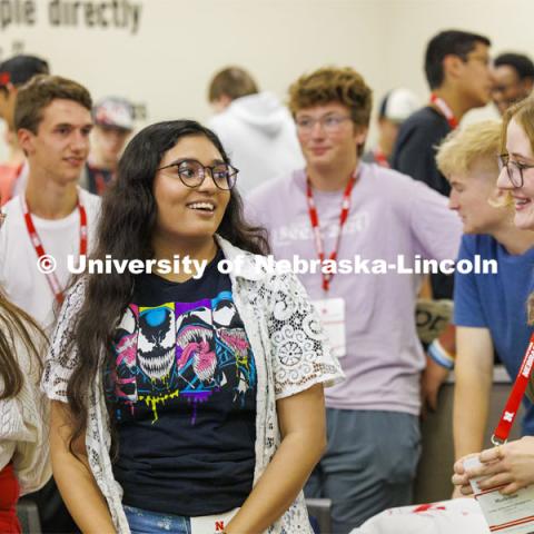 Students talk with new friends as they discuss aspects of coming to UNL. NSE New Student Enrollment. June 5, 2024. Photo by Craig Chandler / University Communication and Marketing.