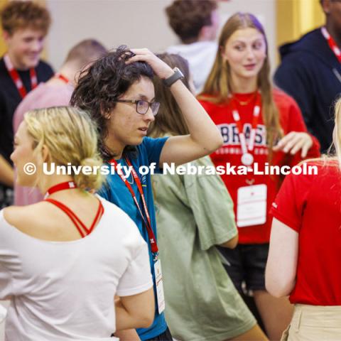 Students talk with new friends as they discuss aspects of coming to UNL. NSE New Student Enrollment. June 5, 2024. Photo by Craig Chandler / University Communication and Marketing.