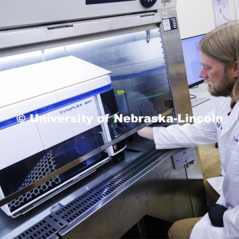 Flow Cytometry Service Center Manager Dirk Anderson works in the Flow Cytometry lab in the Morrison Center. Nebraska Center for Biotechnology. June 13, 2024. Photo by Craig Chandler / University Communication and Marketing.