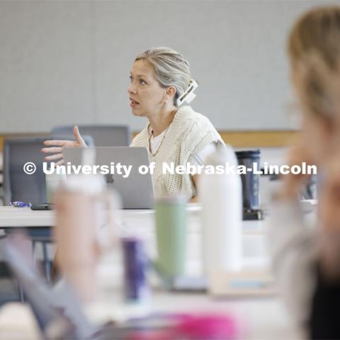 Jillian Harpster, Assistant Professor of Practice with the College of Education and Human Sciences, leads the discussion in the Nebraska Writing Project, an initiative of the English Department that serves local schools and communities. June 19, 2024. Photo by Craig Chandler / University Communication and Marketing.