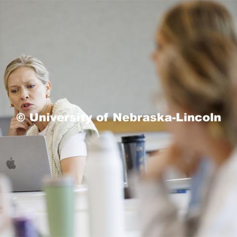 Jillian Harpster, Assistant Professor of Practice with the College of Education and Human Sciences, leads the discussion in the Nebraska Writing Project, an initiative of the English Department that serves local schools and communities. June 19, 2024. Photo by Craig Chandler / University Communication and Marketing.