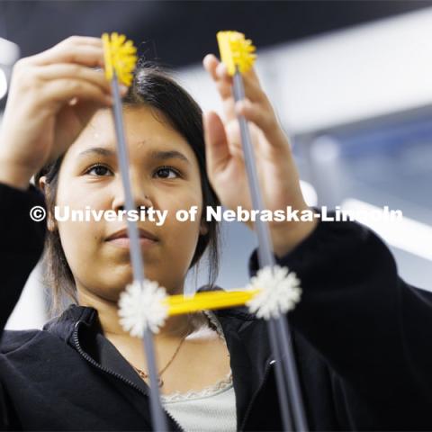 Mida DeAnda builds her tower to be tested on the shake table. Sovereign Native Youth STEM Leadership Academy sponsored by MATC. June 24, 2024. Photo by Craig Chandler / University Communication and Marketing.