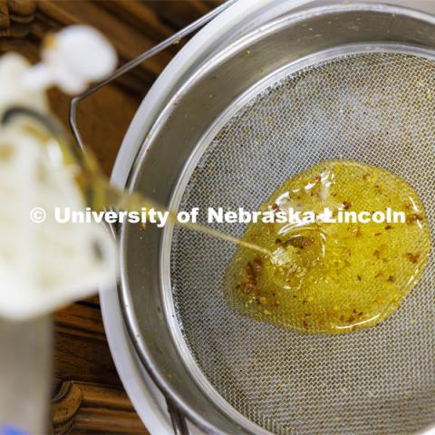 Honey flows from the extractor through a two-stage filter to remove pieces of honeycomb from the hive. Shelby Kittle, graduate student in entomology, harvests honey from bee hives. June 25, 2024. Photo by Craig Chandler / University Communication and Marketing.