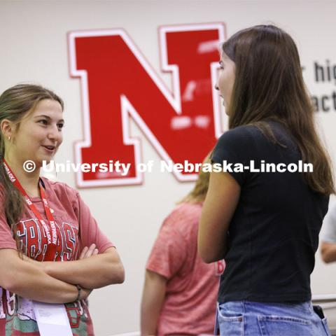 NSE student groups meet in a Hawks Hall classroom. Final day of 2024 New Student Enrollment. Campus tour in Hawks Hall College of Business. July 11, 2024. Photo by Craig Chandler / University Communication and Marketing.