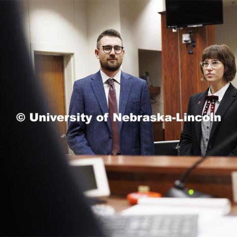 Lecturer Rachel Tomlinson Dick, right, supervises the Housing Justice Clinic. College of Law Clinics. September 19, 2024. Photo by Craig Chandler / University Communication and Marketing.