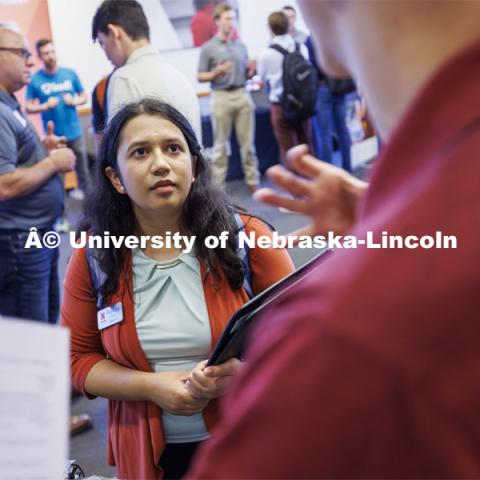 Raikes Design Studio held a job fair in the Gaughan Center where students meet the clients in a job fair environment. August 29, 2024. Photo by Craig Chandler / University Communication and Marketing.