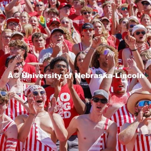 The student section cheer on the Huskers. Nebraska football game vs UTEP. August 31, 2024. Photo by Craig Chandler / University Communication and Marketing.