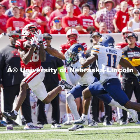 Isiah Naylor catches a first quarter touchdown pass at the Nebraska football game vs UTEP. August 31, 2024. Photo by Craig Chandler / University Communication and Marketing.