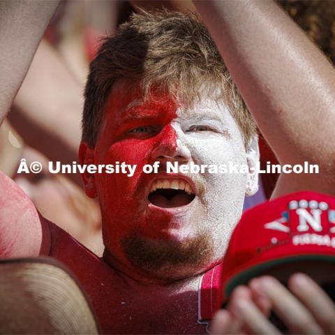 Mason Touring, a freshman in Pre-Engineering, brought his game face to cheer on the Huskers at the Nebraska football game vs UTEP. August 31, 2024. Photo by Craig Chandler / University Communication and Marketing.