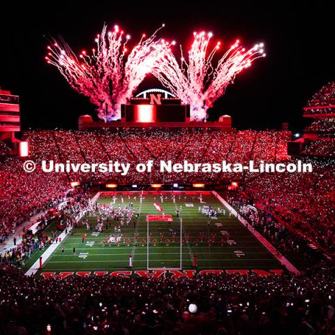 Red light celebration and fireworks between third and fourth quarters of the Nebraska vs Northern Iowa football game in Memorial Stadium. September 14, 2024. Photo by Vienna Oldenhof for University Communication and Marketing.