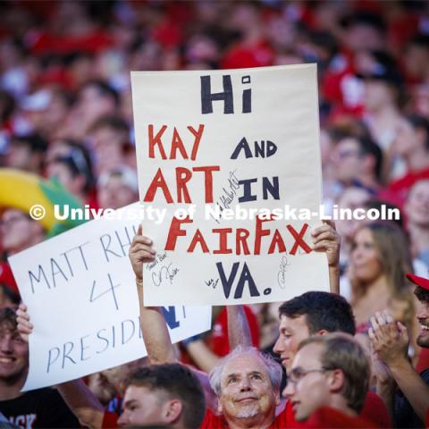 Bobby Mersed made history in 1994 when he held up a sign in the background at ESPN’s Game Day broadcast. The signs are now a tradition and Mersed brought his sign to Friday’s game on the 30th anniversary’s exact day. The sign that Mersed carried on that day didn’t have anything to do with the game per se. The sign, “Hi, Kay and Art from Fairfax, Virginia!”, referred to Husker fans that Merced had met two weeks earlier when the three met at the 1994 Kickoff Classic. #4 Nebraska played #24 West Virginia that day in the Meadowlands, NJ. Nebraska vs. Illinois football game. September 20, 2024. Photo by Craig Chandler / University Communication and Marketing.