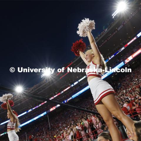 Husker cheerleaders cheer at the Nebraska vs. Illinois football game. September 20, 2024. Photo by Craig Chandler / University Communication and Marketing.