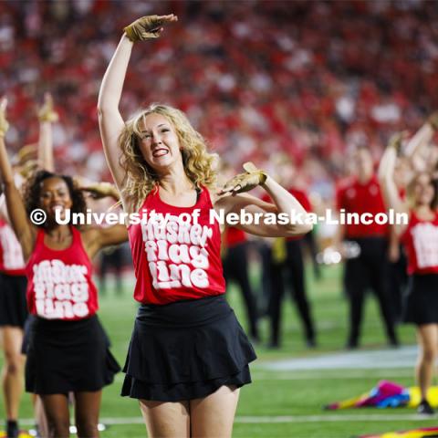 Cornhusker Marching Band Color Guard perform at the Nebraska vs. Illinois football game. September 20, 2024. Photo by Craig Chandler / University Communication and Marketing.