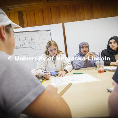 Students in DSGN 410 - Design Studio: Collaborate taught by Sonya Grace Turkman, Assistant Professor - Interior Design. Architecture photo shoot. September 25, 2024. Photo by Craig Chandler / University Communication and Marketing.