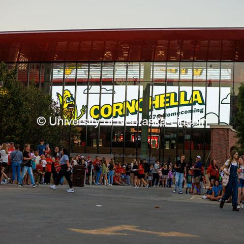 The Cornchella logo is shown on the Jumbo Tron in the Nebraska Training Complex. 2024 Homecoming celebration. October 4, 2024. Photo by Kristen Labadie / University Communication.