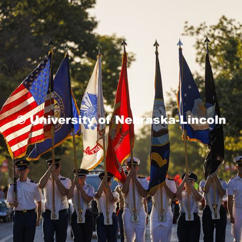 Joint ROTC Color Guard leads the parade. Cornchella Homecoming Parade and Cornstock. October 4, 2024. Photo by Craig Chandler / University Communication and Marketing.