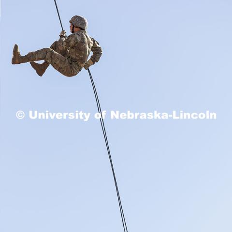 Cadets rapel off the tower at the Mead training grounds. ROTC cadets on fall exercise. October 4, 2024. Photo by Craig Chandler / University Communication and Marketing.