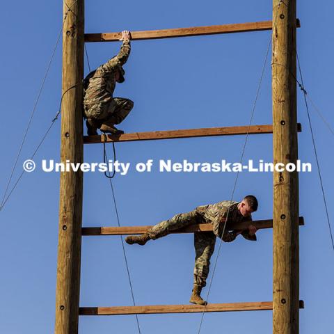 Cadets work at the obstacle course at the Mead training grounds. ROTC cadets on fall exercise. October 4, 2024. Photo by Craig Chandler / University Communication and Marketing.