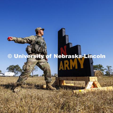 ROTC cadets on fall exercise practice their grenade throwing. October 4, 2024. Photo by Craig Chandler / University Communication and Marketing.