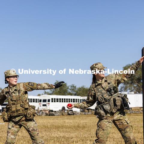 ROTC cadets on fall exercise practice their grenade throwing. October 4, 2024. Photo by Craig Chandler / University Communication and Marketing.