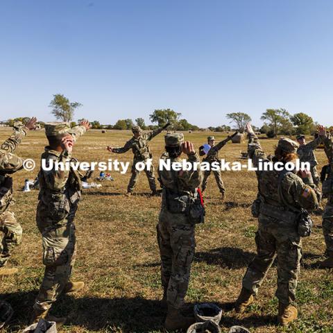 ROTC cadets on fall exercise at Mead, Nebraska, practice their proper grenade throwing technique. October 4, 2024. Photo by Craig Chandler / University Communication and Marketing.