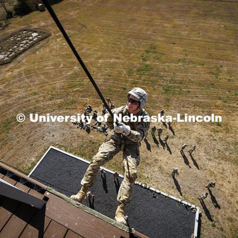 Cadet Joe Wiese rappels down the tower at Meade. ROTC cadets on fall exercise. October 4, 2024. Photo by Craig Chandler / University Communication and Marketing.