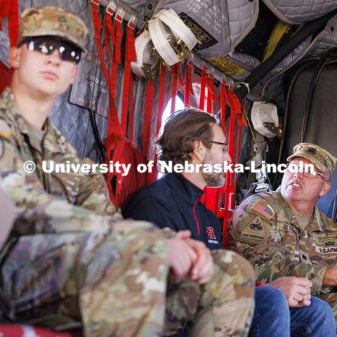 Lt. Col. Tom Slykhuis talks with Chris Bourke, professor of practice with the school of computing. ROTC cadets on fall exercise. October 4, 2024. Photo by Craig Chandler / University Communication and Marketing.