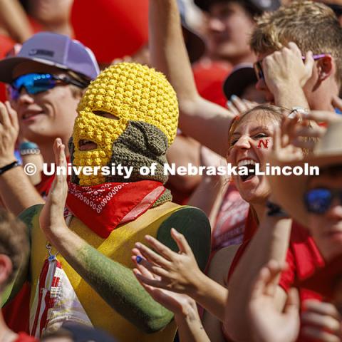 Ryan Jensen, a senior from Lincoln, wore his own version of a corn head knitted by his girlfriend, Emmy Oldham of Wellfleet, Nebraska. Jensen said it felt about 20 degrees hotter inside the headgear. Nebraska vs Rutgers football game. Homecoming game. October 5, 2024. Photo by Craig Chandler / University Communication and Marketing.