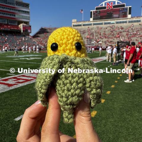 A tiny ear of corn head knitted by Emmy Oldham of Wellfleet, Nebraska. Nebraska vs Rutgers football game. Homecoming game. October 5, 2024. Photo by Craig Chandler / University Communication and Marketing.