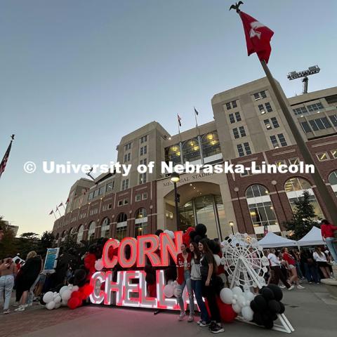 Cornchella sign in front of Memorial Stadium for Nebraska vs Rutgers homecoming football game and Cornchella festival. October 5, 2024. Photo by Katie Black / University Communication and Marketing.