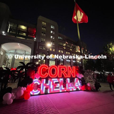 Cornchella sign in front of Memorial Stadium for Nebraska vs Rutgers homecoming football game and Cornchella festival. October 5, 2024. Photo by Katie Black / University Communication and Marketing.