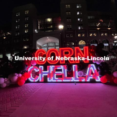 Cornchella sign in front of Memorial Stadium for Nebraska vs Rutgers homecoming football game and Cornchella festival. October 5, 2024. Photo by Katie Black / University Communication and Marketing.