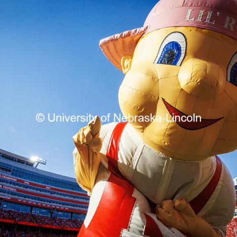 Lil' Red points at the Nebraska vs Rutgers football game. Homecoming game. October 5, 2024. Photo by Kristen Labadie / University Communication.