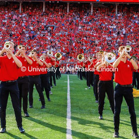 The Cornhusker Marching Band performs at the Nebraska vs Rutgers football game. Homecoming game. October 5, 2024. Photo by Kristen Labadie / University Communication.