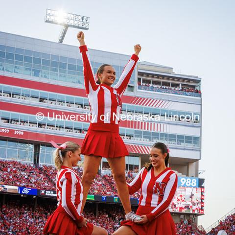 Cheerleaders cheer on the Huskers at the Nebraska vs Rutgers homecoming football game. October 5, 2024. Photo by Kristen Labadie / University Communication.