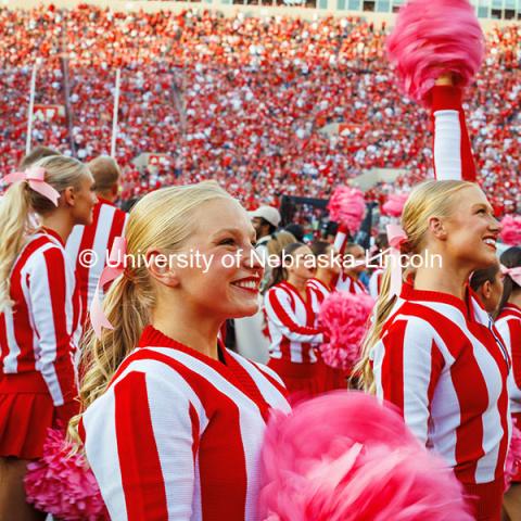 Cheerleaders cheer on the Huskers at the Nebraska vs Rutgers homecoming football game. October 5, 2024. Photo by Kristen Labadie / University Communication.