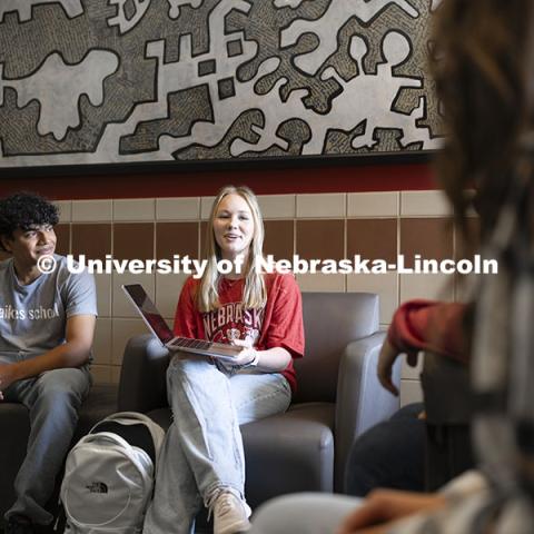 Students study inside the Raikes Schhol. Raikes School photoshoot. October 9, 2024. Photo by Craig Chandler / University Communication and Marketing.