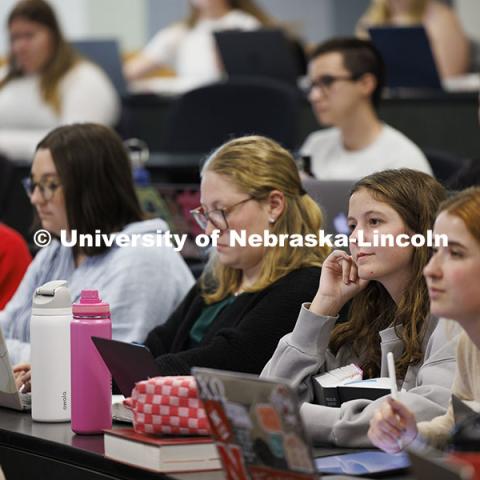 Students listening in a law college lecture hall. College of Law photoshoot. October 10, 2024. Photo by Craig Chandler / University Communication and Marketing.