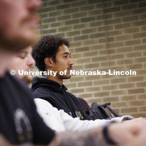 Students listening in a law college lecture hall. College of Law photoshoot. October 10, 2024. Photo by Craig Chandler / University Communication and Marketing.