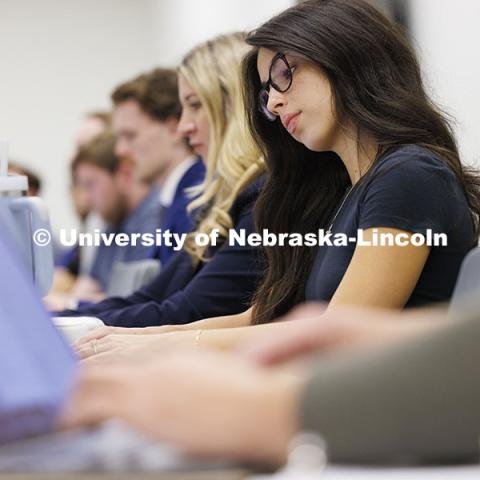 Students listening in a law college lecture hall. College of Law photoshoot. October 10, 2024. Photo by Craig Chandler / University Communication and Marketing.