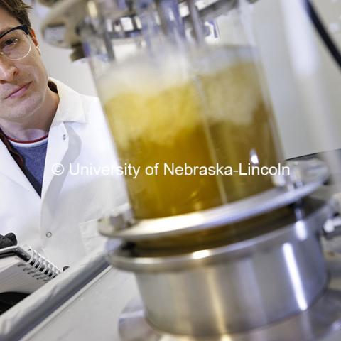 Connor Hines, graduate student in biochemistry works in the Buan laboratory. Buan Laboratory in the Beadle Center. October 18, 2024. Photo by Craig Chandler / University Communication and Marketing.