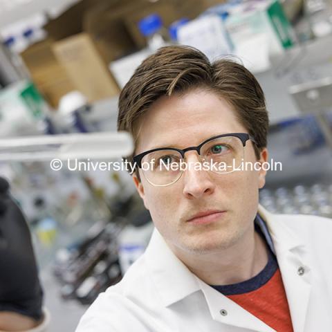 Connor Hines, graduate student in biochemistry works in the Buan laboratory. Buan Laboratory in the Beadle Center. October 18, 2024. Photo by Craig Chandler / University Communication and Marketing.