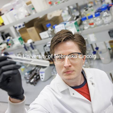 Connor Hines, graduate student in biochemistry works in the Buan laboratory. Buan Laboratory in the Beadle Center. October 18, 2024. Photo by Craig Chandler / University Communication and Marketing.