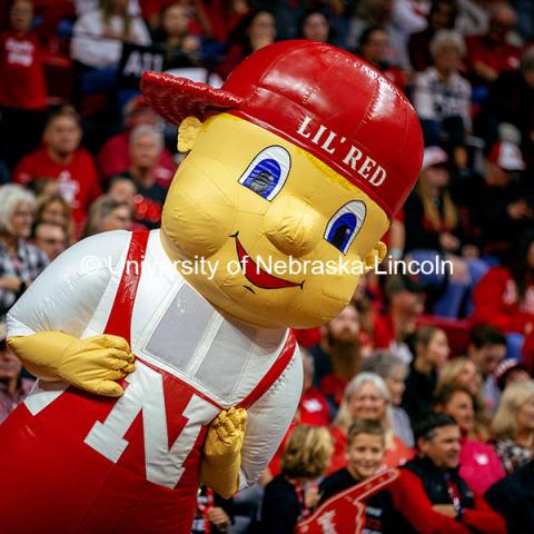 Lil’ Red dances at the Nebraska vs. Illinois Volleyball game. October 25, 2024. Photo by Kristen Labadie / University Communication.