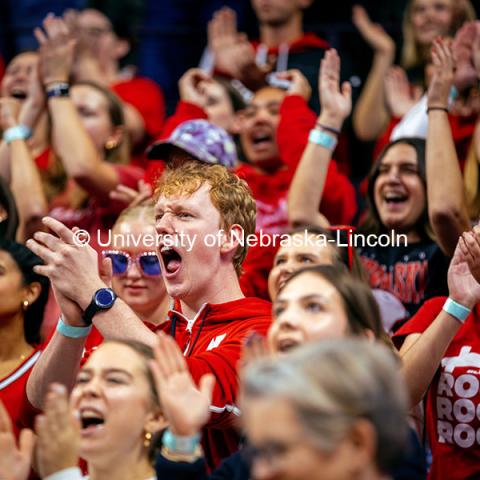 Students cheer as they celebrate a win at the Nebraska vs. Illinois Volleyball game. October 25, 2024. Photo by Kristen Labadie / University Communication.