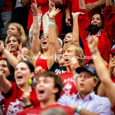 Students cheer as they celebrate a win at the Nebraska vs. Illinois Volleyball game. October 25, 2024. Photo by Kristen Labadie / University Communication.