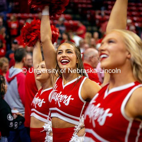 Kylie Eads, a Junior Marketing major and member of the Husker Cheer Squad, cheers at the Nebraska vs. Illinois Volleyball game. October 25, 2024. Photo by Kristen Labadie / University Communication.