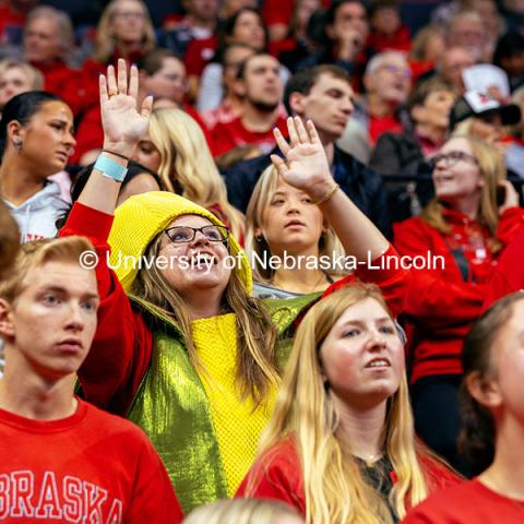 A student in a corn suit dances to music during the Nebraska vs. Illinois Volleyball game. October 25, 2024. Photo by Kristen Labadie / University Communication.